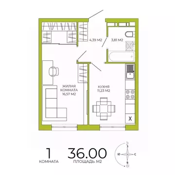 1-к кв. Пензенская область, Пенза Лугометрия жилой комплекс (36.0 м)