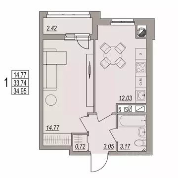 1-к кв. Волгоградская область, Волгоград ул. Дымченко, 9 (34.95 м)