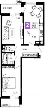 2-к кв. Адыгея, Майкоп 9 Мая ул., 14А (57.86 м)