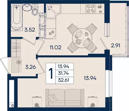 1-к кв. Краснодарский край, Краснодар  (32.61 м)