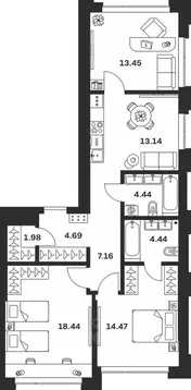 2-к кв. Тульская область, Тула Прайм Сойфера жилой комплекс (82.21 м)