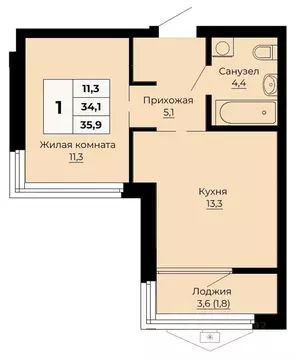 1-к кв. Свердловская область, Екатеринбург ул. Одинарка, 6 (35.9 м)