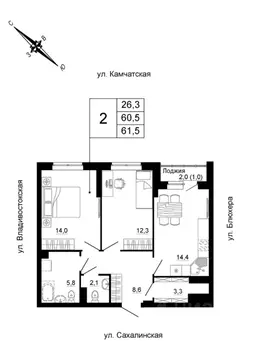 2-к кв. Свердловская область, Екатеринбург ул. Кронштадтская (61.5 м)
