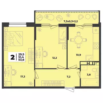 2-к кв. Краснодарский край, Краснодар  (53.6 м)