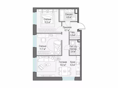 2-комнатная квартира: Мытищи, жилой комплекс Белый Grad, 12.2 (60.5 м)