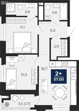 2-комнатная квартира: Тюмень, проезд Капитана Куликова, 7 (58.8 м)