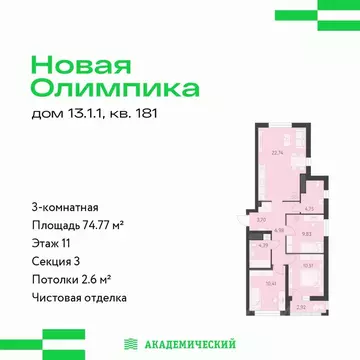 3-к кв. Свердловская область, Екатеринбург ул. Академика Парина, 27 ...