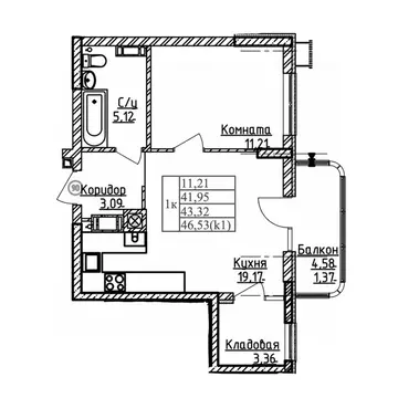 1-к кв. Калининградская область, Калининград ул. Дубовая Аллея (43.32 ...