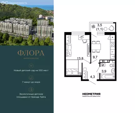 1-комнатная квартира: Сочи, улица Искры, 66/9к8 (32.6 м)