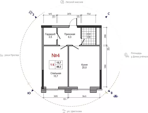 1-к кв. Калужская область, Обнинск ул. Усачева (49.3 м)