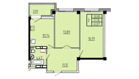 2-к кв. Омская область, Омск Волгоградская ул., с3 (61.07 м)