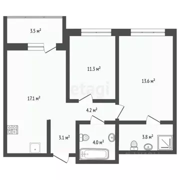 2-к кв. Тюменская область, Тюмень ул. Братьев Бондаревых, 5 (60.6 м)