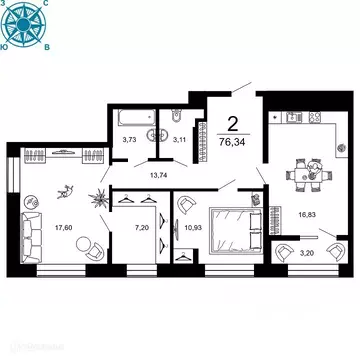 2-к кв. Рязанская область, Рязань ул. 1-я Железнодорожная (76.34 м)