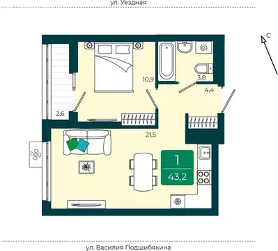 1-комнатная квартира: Тюмень, улица Андрея Бушуева, 1 (43.2 м)