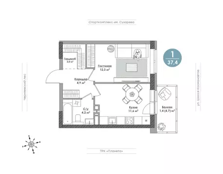 1-к кв. Пермский край, Пермь ш. Космонавтов, 162К (37.4 м)