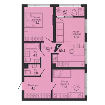 2-к кв. Свердловская область, Екатеринбург Вторчермет жилрайон,  (60.4 ...