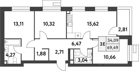 3-к кв. Москва пос. Газопровод, Смарт Гарден жилой комплекс, 2 (69.4 ...