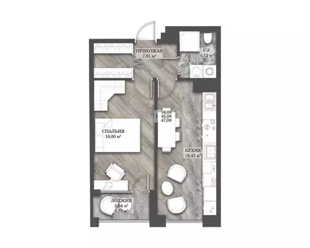 1-к кв. Ивановская область, Иваново просп. Ленина, 55В (47.08 м)