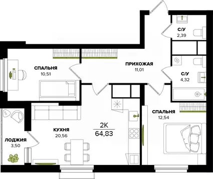 2-к кв. Тульская область, Тула  (64.83 м)