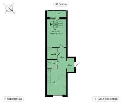 1-комнатная квартира: Обнинск, улица Мира, 2 (51.63 м)