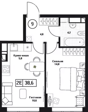1-комнатная квартира: Пушкино, ЖК Пушкино Град (38.6 м)