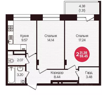2-к кв. Чувашия, Чебоксары Фруктовая ул., поз1 (59.45 м)