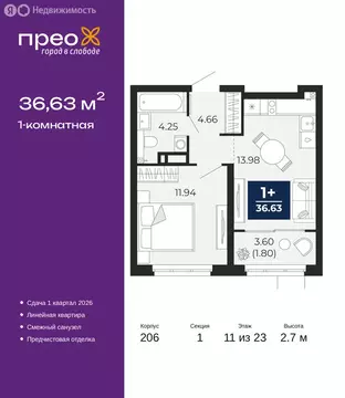 1-комнатная квартира: Тюмень, Арктическая улица, 16 (36.63 м)