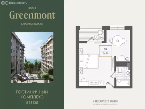 1-комнатная квартира: Сочи, улица Ленина, 280А (34.7 м)