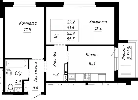 2-к кв. Алтайский край, Барнаул ул. Им. Анатолия Мельникова, 1 (53.7 ...