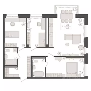 3-к кв. Башкортостан, Уфа 563-й кв-л,  (96.0 м)