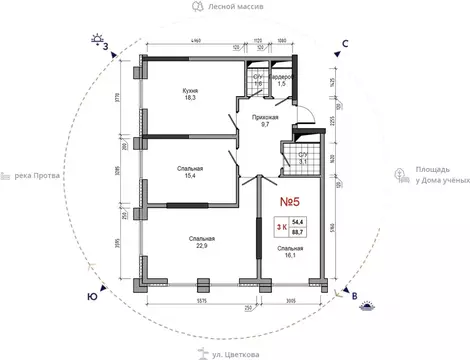 3-к кв. Калужская область, Обнинск ул. Усачева (88.7 м)