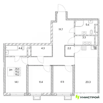 3-к кв. Свердловская область, Екатеринбург Вторчермет жилрайон,  (95.2 ...
