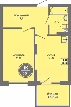 1-к кв. Пермский край, Пермь ш. Космонавтов, 309Ак1 (35.1 м)