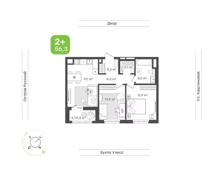 2-к кв. Приморский край, Владивосток ул. 3-я Поселковая, 16/2 (56.3 м)