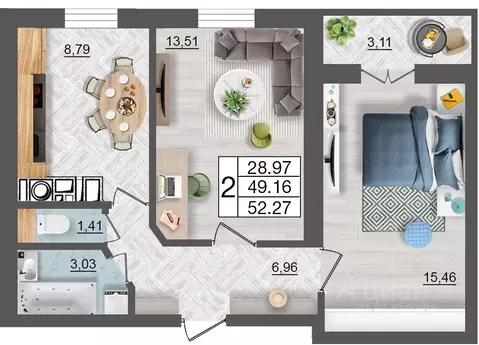 2-к кв. Смоленская область, Смоленск Максимум жилой комплекс (52.27 м)