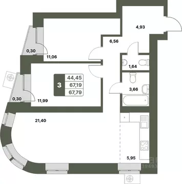 3-к кв. Башкортостан, Уфимский район, с. Миловка  (67.79 м)