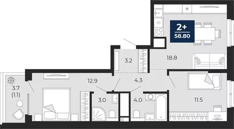2-комнатная квартира: Тюмень, проезд Капитана Куликова, 7 (61.4 м)