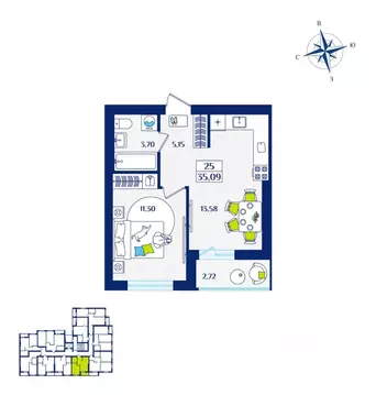 1-к кв. Калининградская область, Зеленоградск  (35.09 м)