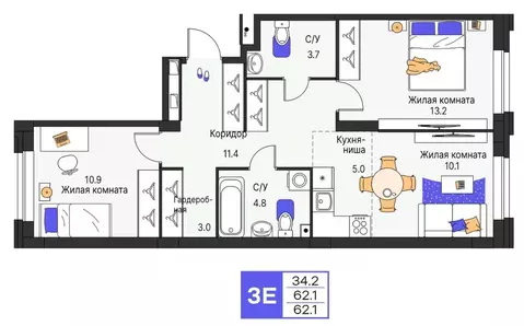3-к кв. Пермский край, Пермь ул. Карла Модераха, 7 (62.1 м)
