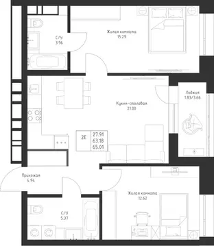 2-к кв. Татарстан, Казань Седьмое Небо жилрайон,  (65.01 м)