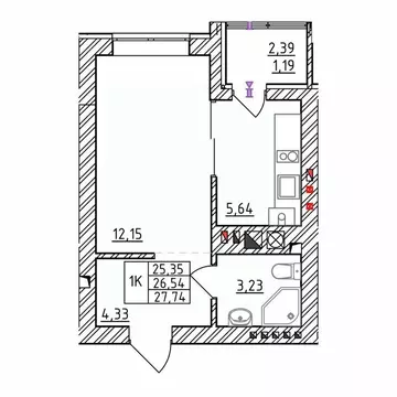 1-к кв. Калининградская область, Зеленоградск  (27.74 м)