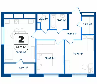 2-к кв. Рязанская область, Рязань Телецентр жилрайон,  (66.26 м)