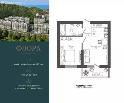 1-комнатная квартира: Сочи, улица Искры, 66/9к3 (39.1 м)