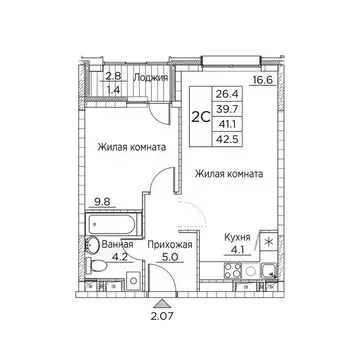 2-к кв. Приморский край, Владивосток ул. Расула Гамзатова, 7к2 (42.5 ...