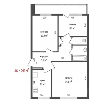 3-к кв. Свердловская область, Екатеринбург ул. Ангарская, 68 (58.0 м)
