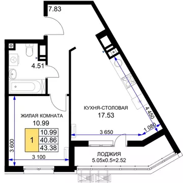 1-к кв. Краснодарский край, Краснодар Фонтаны жилой комплекс (43.38 м)