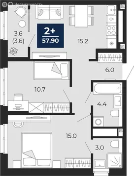 2-комнатная квартира: Тюмень, проезд Капитана Куликова, 5 (57.9 м)