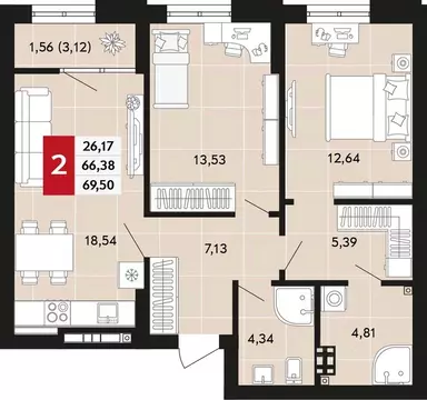 2-к кв. Свердловская область, Верхняя Пышма  (69.5 м)