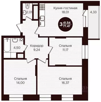 3-к кв. Чувашия, Чебоксары 14-й мкр, Грани жилой комплекс (77.47 м)