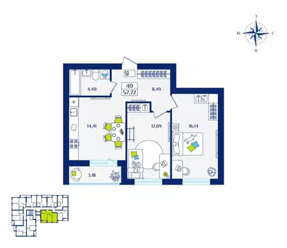 2-к кв. Калининградская область, Зеленоградск  (57.72 м)